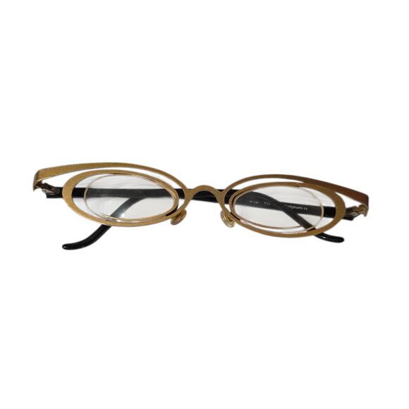 Theo Accessories - Vintage Theo Belgium Eyeglasses Gold & Black Oval Avant-Garde Frames